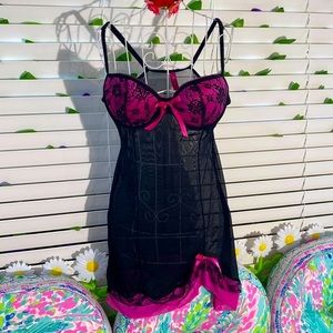 Pucker Up sheer black negligée with hot pink trim, lace & ruffles